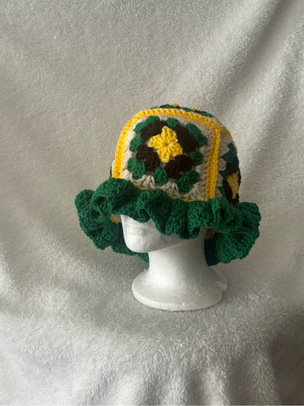 Handmade Crochet  Ruffle Bucket Hat - Green & Yellow
